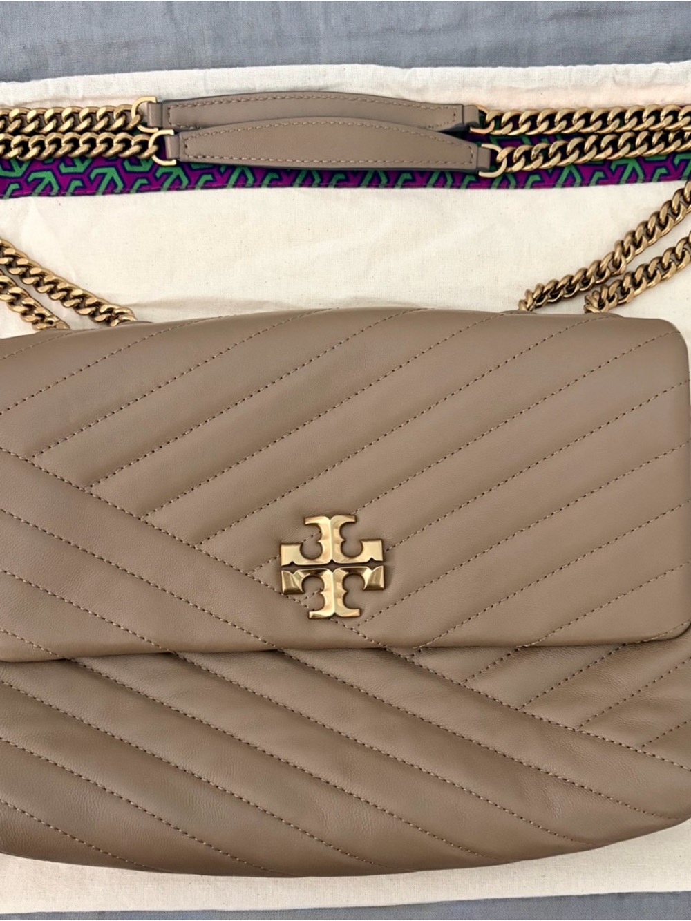 Tory Burch Taupe Quilted Leather Shoulder Bag with Gold Hardware